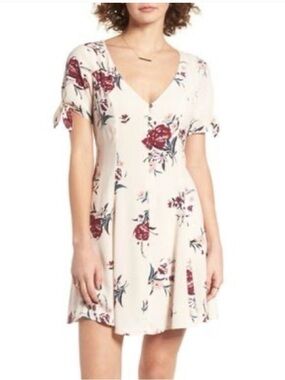 ASTR The Label Floral Button Front Tie Sleeve Mini Dress Blush Pink Women’s L